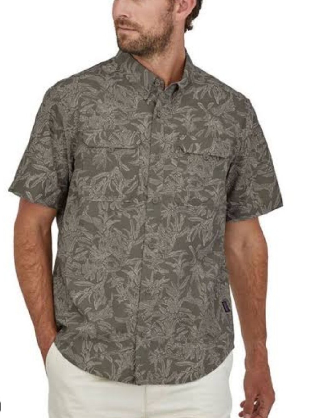 Patagonia Olive Green Men's Self Guided Hike Shirt Monkey Flower Pattern Size M